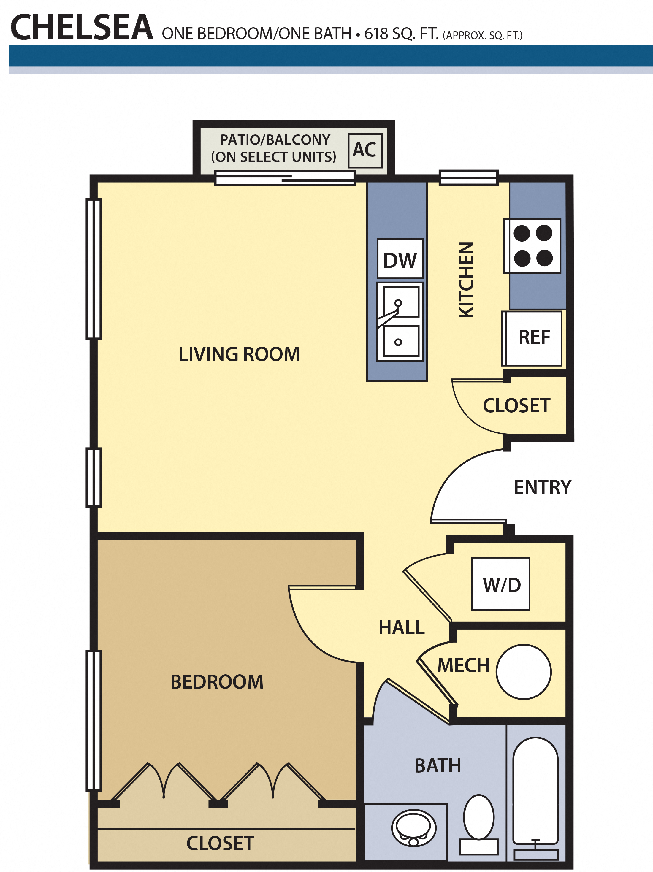 Floor plan for 1 bed, 1 bath, 618 sqft